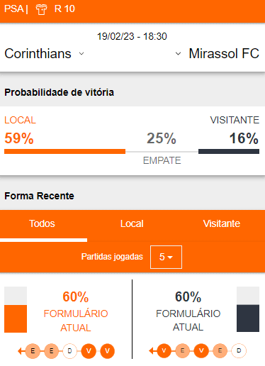 1xbet Corinthians vs Mirassol interfaz 19022023